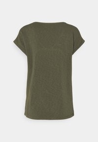 En ensfarvet olivengrøn kortærmet t-shirt med opsmøgede ærmer set fra ryggen mod en hvid baggrund.