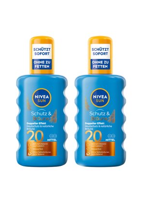 Two blue plastic bottles of NIVEA Sun lotion, each with a yellow cap. Text indicates SPF 20, water-resistant, non-greasy formula.
