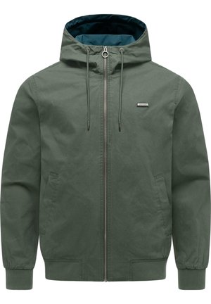 Grøn hættetrøje med lynlås, snore, sidelommer, ribbet manchetter og kant samt et lille mærkelogo på brystet.