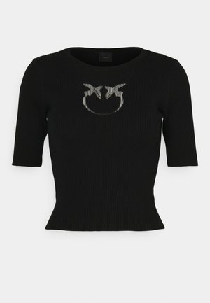 Black ribbed short-sleeve top featuring a metallic logo design at the center. The fabric has a textured look with a fitted silhouette.