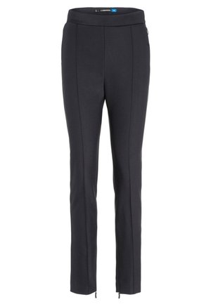 Mustat räätälöityjä housuja, joissa on sileä pinta, slim fit -leikkaus ja nilkkavetoketjut. Ominaisuuksiin kuuluu leveä vyötärönauha ja pystysaumaketjuttaminen.