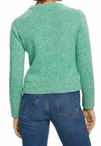 Personne portant un pull vert texturé à manches longues et un jean en denim bleu, vue de dos avec les mains détendues le long du corps.
