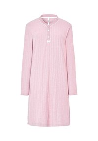 Camisón de manga larga en tejido de canalé rosa claro, con un cuello, una botonera y un pequeño detalle de lazo blanco en el pecho.