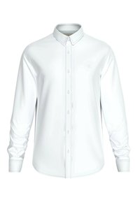 Camisetta bianca a maniche lunghe con colletto button-down, texture liscia, dettagli di cucitura sottili e un piccolo logo sul lato sinistro del petto.