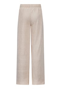 Kalhoty v světlé béžové barvě, s širokým střihem. Jsou vyrobeny z texturované látky s pružným pasem pro pohodlí.