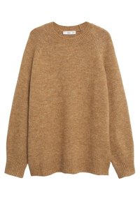 Brązowy dziany sweter z okrągłym dekoltem, długimi rękawami i ściągaczami. Posiada miękką teksturę i luźny krój, wykonany z lekkiego materiału.