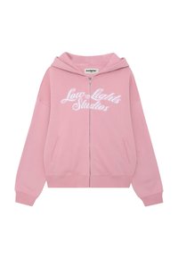 Sweat à capuche rose à fermeture éclair avec un grand logo brodé blanc "Low Lights Studios", doté d'une capuche et de poches avant ; tissu doux et coupe décontractée.