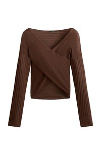 FINE-KNIT SEMI-SHEER RIB CROSSOVER - Blouse - brown