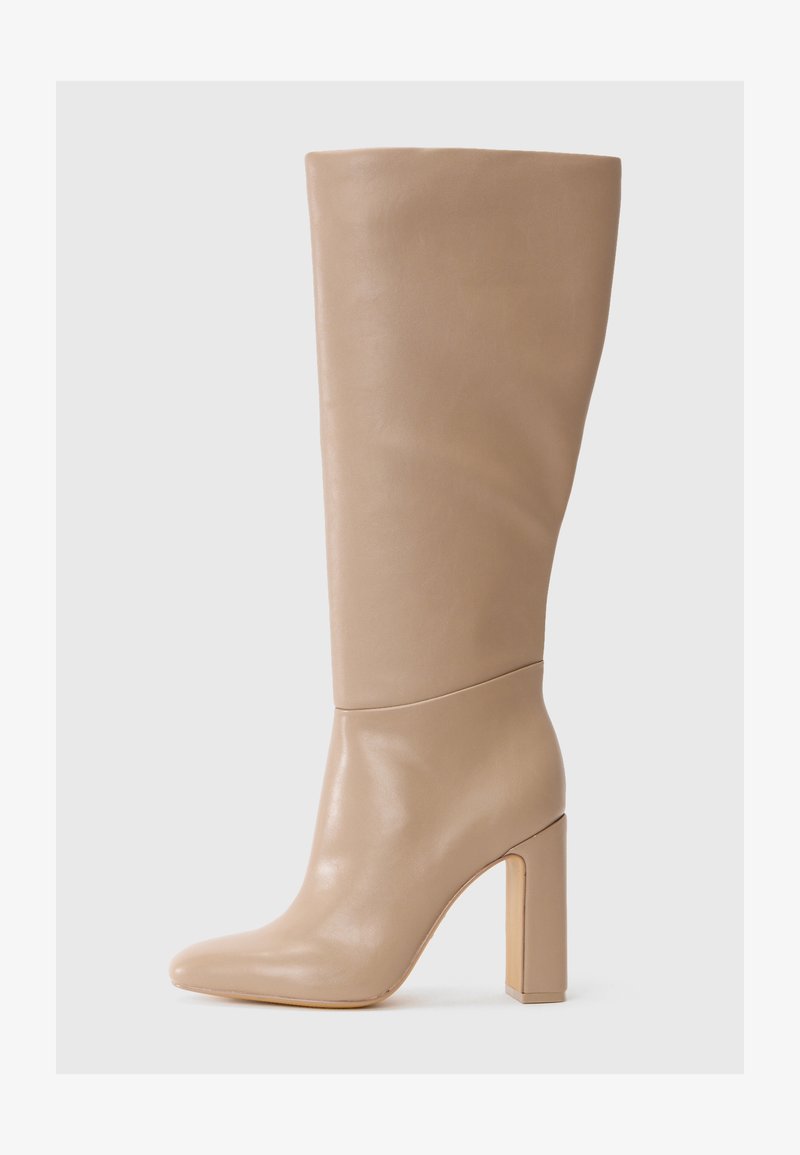 Beige leather knee-high boot with a pointed toe, smooth texture, and a chunky block heel. Simple design with no additional patterns or accents.