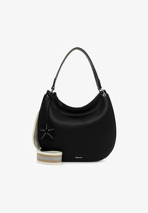 Schwarze, halbmondförmige Handtasche aus Leder mit einem abnehmbaren, beige gestreiften Stoffriemen und einem sternförmigen Anhänger.