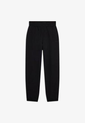 Pantalons de survêtement noirs avec une taille élastique, dotés de deux poches latérales et d'une conception à jambes fuselées. Fabriqués à partir d'un tissu lisse et doux.