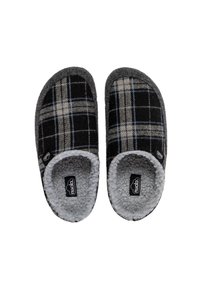 Zapatillas de cuadros en negro, gris y azul, con un suave forro de felpa gris y una suela de goma. Sin cordones, diseño de tipo slip-on.