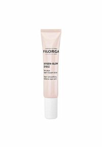 Filorga Oxygen-Glow Eyes, a pink tube with white cap, features sleek design and printed text, focusing on radiance and smoothing eye care.