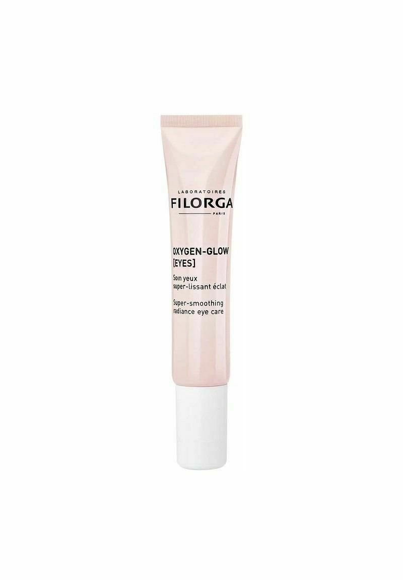 Filorga Oxygen-Glow Eyes, a pink tube with white cap, features sleek design and printed text, focusing on radiance and smoothing eye care.