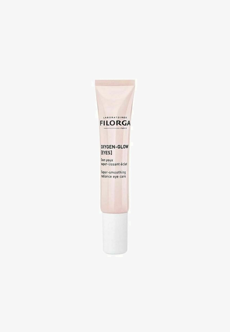 Filorga Oxygen-Glow Eyes, a pink tube with white cap, features sleek design and printed text, focusing on radiance and smoothing eye care.