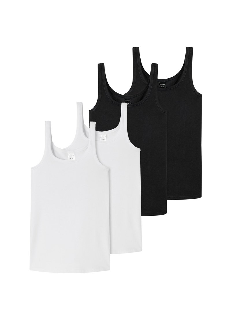 Quatre débardeurs sans manches sont exposés : deux blancs et deux noirs. Chaque top présente un col côtelé et est fabriqué en coton doux.
