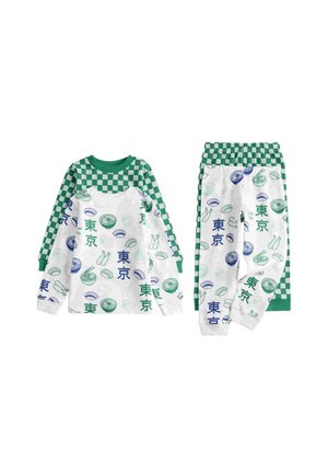 Børns todelte pyjamas med grønternede ærmer og taljebånd, hvidt stof trykt med japanske tegn og illustrationer af mad.