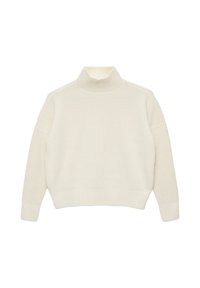 Pull encolure montée de couleur crème avec une texture côtelée, coupe ample, épaules tombantes et un col épais et douillet.