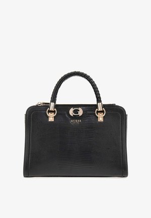 Borsa nera dalla texture strutturata, caratterizzata da un manico superiore intrecciato, hardware dorato e un dettaglio del logo sul davanti.