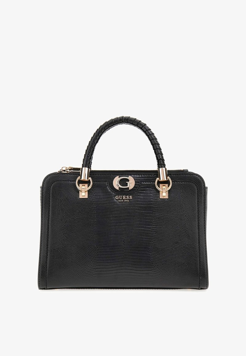 Borsa nera dalla texture strutturata, caratterizzata da un manico superiore intrecciato, hardware dorato e un dettaglio del logo sul davanti.