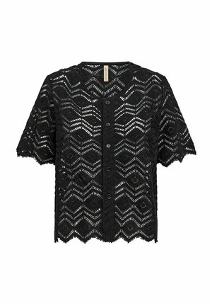 Blusa nera in pizzo a maniche corte con orlo a scallop, motivo a diamante e cinque bottoni frontali per la chiusura. Design leggero e testurizzato.