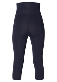 Hoogwaardige, marineblauwe cropped leggings met een gladde, naadloze uitstraling, weergegeven vanuit de achterkant op een witte achtergrond.