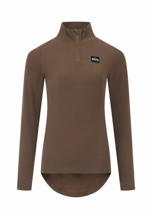 Brown long-sleeve pullover with a half-zip neck, ribbed texture, rounded hem, and a black logo patch on the chest.