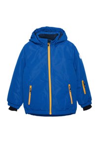 Blaue Jacke mit Kapuze, gelben Reißverschlüssen und zwei seitlichen Taschen mit Reißverschluss. Enthält elastische Bündchen und eine glatte Textur.