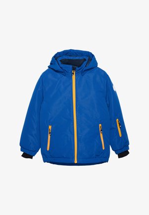 Blå jakke med hætte, gule lynlåse og to sidelommer med lynlåslukninger. Inklusive elastiske manchetter og en glat overflade.