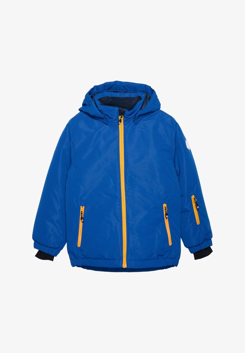 Blaue Jacke mit Kapuze, gelben Reißverschlüssen und zwei seitlichen Taschen mit Reißverschluss. Enthält elastische Bündchen und eine glatte Textur.