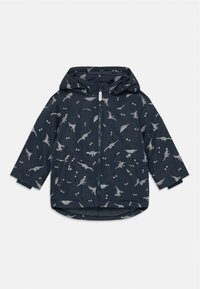Navyblauesjacke mit Kapuze, verziert mit einem Dinosaurier-Muster in hellgrau. Sie hat einen Frontreißverschluss und zwei Seitentaschen.