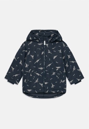 Navyblauesjacke mit Kapuze, verziert mit einem Dinosaurier-Muster in hellgrau. Sie hat einen Frontreißverschluss und zwei Seitentaschen.