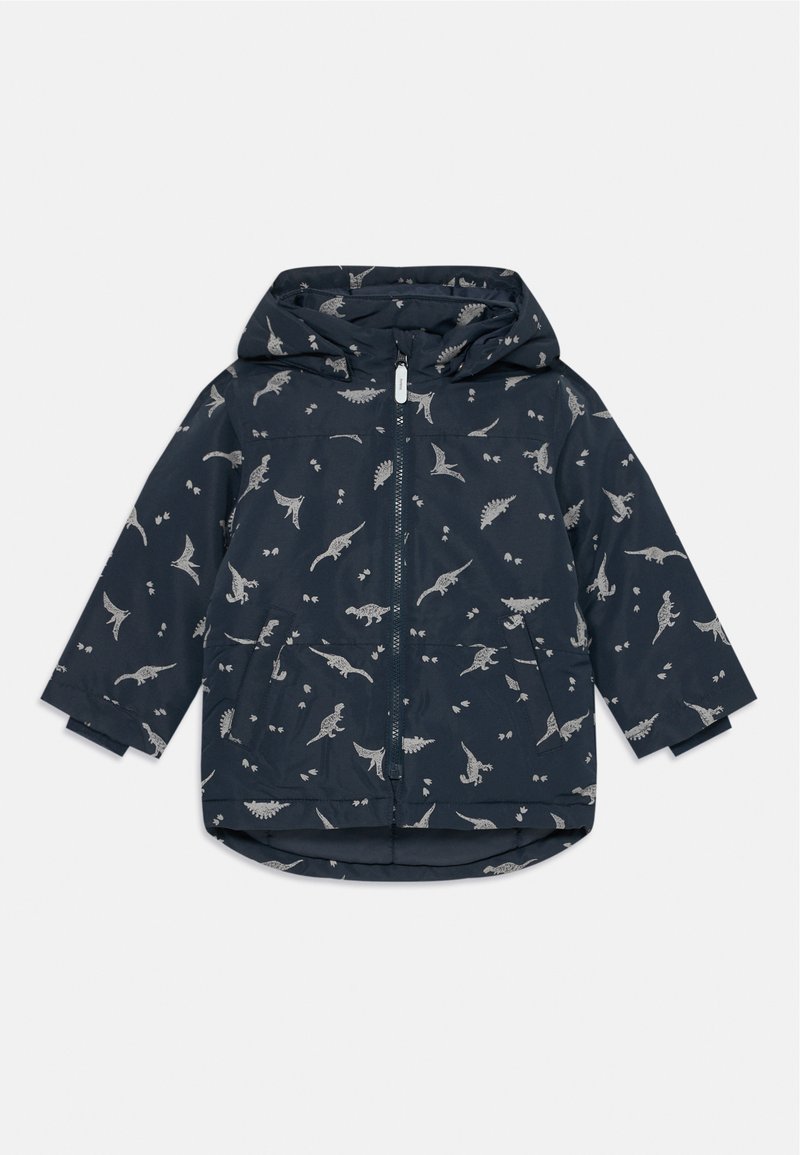 Navyblauesjacke mit Kapuze, verziert mit einem Dinosaurier-Muster in hellgrau. Sie hat einen Frontreißverschluss und zwei Seitentaschen.