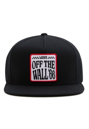 Gorra negra de Vans snapback con visera plana y parche blanco que dice "Vans Off The Wall '66" con borde rojo en el panel frontal.