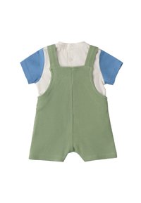 Mono a cuadros verdes con mangas cortas azules y cuello blanco, que presenta botones a presión en la parte posterior para facilitar el vestido. Tejido texturizado.