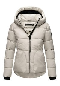 Doudoune beige clair avec capuche, dotée d'une fermeture éclair à l'avant, d'accents noirs contrastants et d'un design matelassé. Texture douce et lisse.