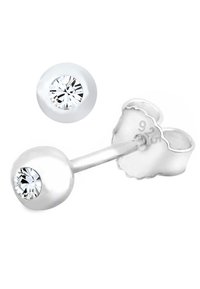 Sølv studs med klare, runde ædelstene, hvoraf den ene har en butterfly-bagside, præget med "925" som indikerer sterling sølv.