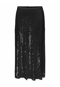 Maxi gonna nera in paillettes con una trama a coste, dotata di una cintura liscia e chiusura con zip sul retro. Sottile luccichio delle paillettes.