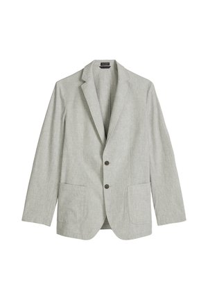 Hellgrauer einreihiger Blazer mit Revers, zwei aufgesetzten Fronttaschen und zwei braunen Knöpfen vorne.