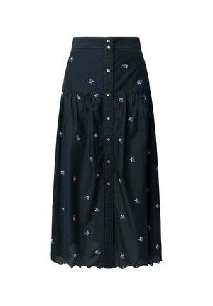 Schwarze Baumwollrock mit Knopfleiste, ausgestattet mit bestickten blauen Blumenmustern, gerafftem unteren Abschnitt und gewelltem Saumdetail.