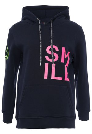 Sweat à capuche marine avec grand lettrage rose "SMILE", cordons de serrage avec texte, poche avant et accent vert sur la manche gauche.