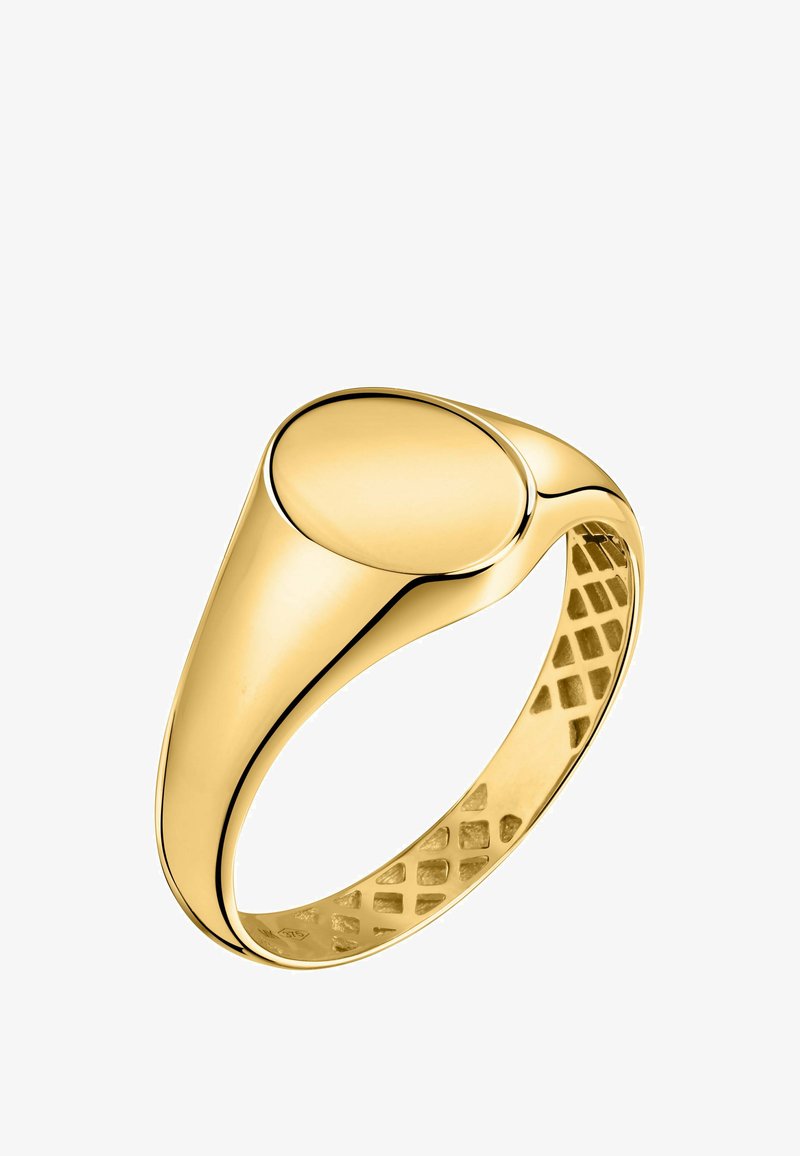 Goldring mit glattem, rundem Oberteil und verjüngtem Band. Besitzt ein strukturiertes Innenleben mit einem Rautenmuster. Polierte Oberfläche.