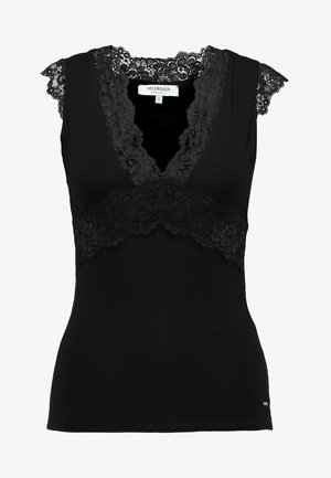 Zwarte tanktop met kantafwerking langs de halslijn en schouders, met een slim fit ontwerp en een V-hals. Zachte textuur.