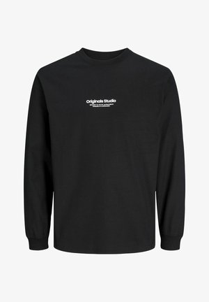 Schwarzes Langarm-T-Shirt aus Baumwolle. Mit Rundhalsausschnitt und bedrucktem weißen Text. Lockere Passform mit gerippten Bündchen.