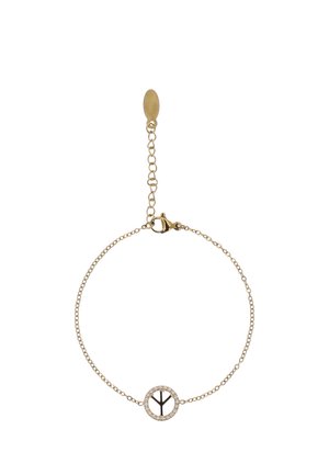 Delicaat gouden kettingarmband met een ronde vredessymboolhanger bezet met kleine, heldere kristallen en een verstelbare sluiting.
