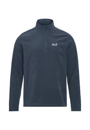 Pile blu navy con collo a mezza cerniera, maniche lunghe e un logo discreto sul petto. Tessuto morbido, design semplice e senza motivi.