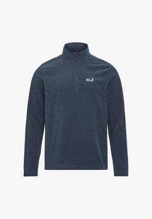 Pile blu navy con collo a mezza cerniera, maniche lunghe e un logo discreto sul petto. Tessuto morbido, design semplice e senza motivi.