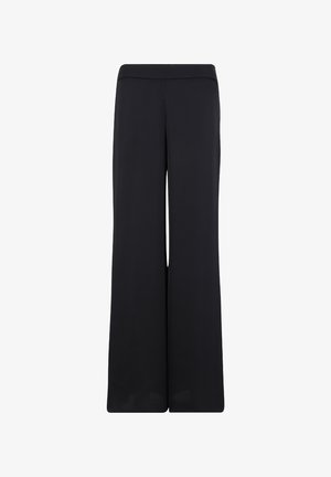 Weit geschnittene Hose in schlichtem Schwarz, aus glattem Stoff gefertigt. Sie verfügt über einen hohen Bund und ein langes Design mit sauberen Kanten.