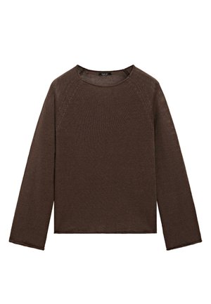 Pull marron à manches longues en maille avec col rond, manches raglan, et tissu légèrement texturé.