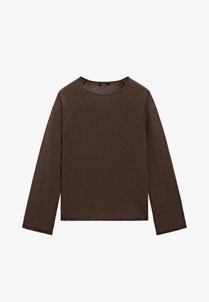 Brauner langärmliger Strickpullover mit Rundhalsausschnitt, Raglanärmeln und leicht strukturierter Stoff.